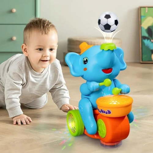Yyuenw Elephant Toy, Elephant Ride-On Toy, Electric Elephant Toy with LED Lights & Sounds,Crawling Toys for Babies 6-12 Months