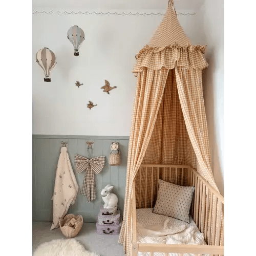 Gingham Bed Canopy - Mustard Yellow - with Frilly Fringe