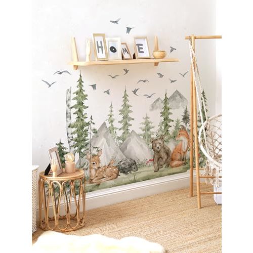 Giant Woodland Jungle Animal Wall Stickers - Forest Tree Deer Bear Mountain Landscape Decals Peel&Stick Removable Art Mural for Kid Nursery Bedroom Living Room Playroom,96 cm x 150 cm