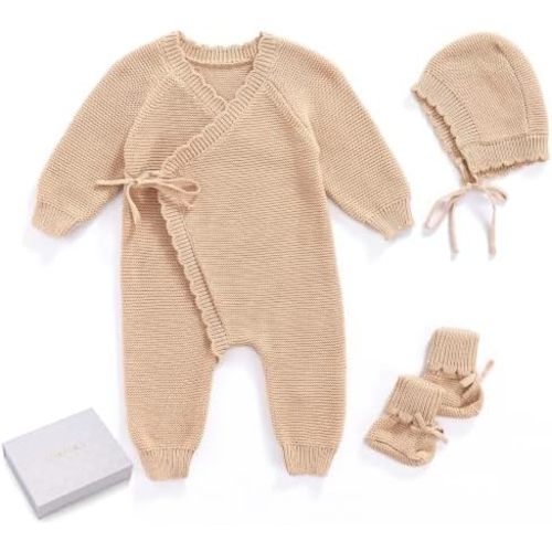 Cotton Baby Knit Romper Kimono Newborn Outfit Gift Set Hat Booties