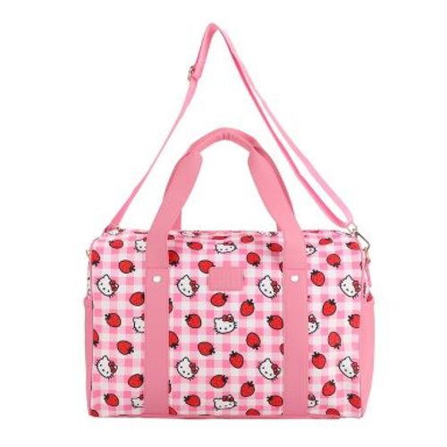 Hello Kitty Character & Strawberries All-Over Print Pink Plaid 20" Duffel Bag