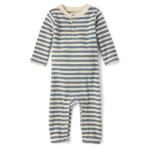 Baby Boys Striped Thermal Henley Romper, Hay Stack
