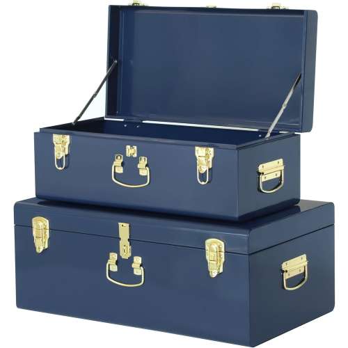 Vintage Style Metal Trunk: Lockable Treasure Chest with Gold Accents for Trip use