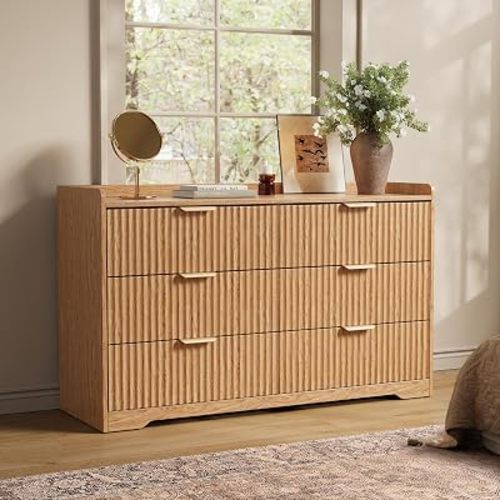 Fluted Dresser for Bedroom 6-Drawer Chest of Drawers, Natural Oak