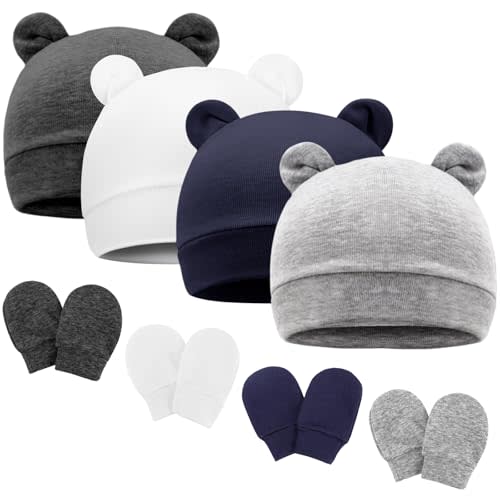 Newborn Baby Hat and Mittens Set Bear Ears Toddler Infant Beanie Caps Newborn Hospital Hat for Baby Boy Girl 0-3 Months