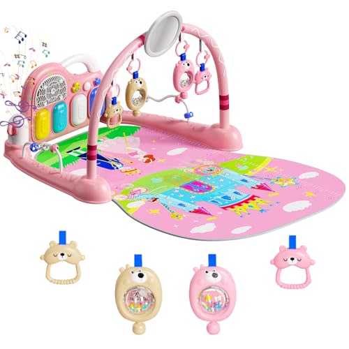 Baby Play Mat Kick and Play Piano Gym,Baby Floor Play Gym Tummy Time Mat,Baby Activity Mat with Music Lightsat and Sensory Toys Boy & Girl Gifts for Infant Newborn 0 to 3 6 9 12 Months (Pink)