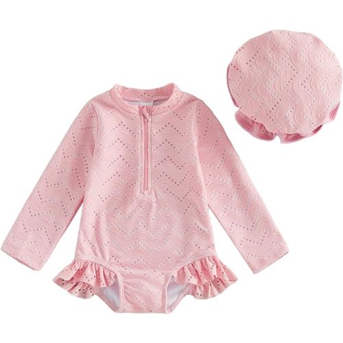 Yccutest Toddler Girl Solid Swimsuit Baby Long Sleeve Rash Guard Bathing Suit Girl One Piece Hollow Out Swimwear with Sun Hat