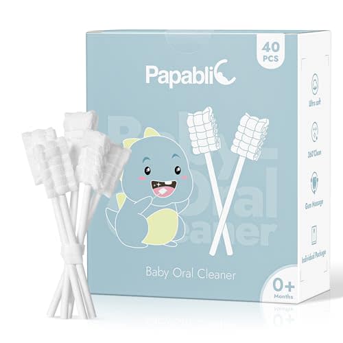 Papablic Baby Tongue Cleaner, Baby Oral Cleaner, Disposable Infant Mouth Cleaner Newborn, Upgrade Gum Cleaner with Paper Handle or Infants Ages 0-2 Years, 40 Pack