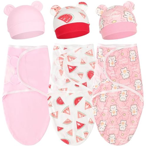 DRESHOW BQUBO 3 Pack Baby Swaddle Sleep Sacks Baby Swaddling Blanket Wrap Newborn Swaddle Sack with Bear Ears Hat for Boys Girls 6-12 Lbs Newborns & 0-3 Months Girls Boys