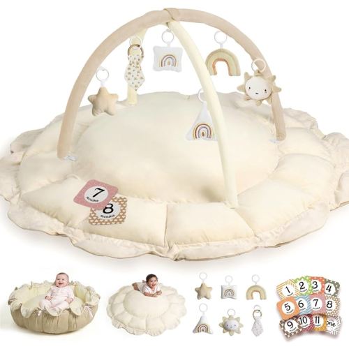 HAM-MM 5-in-1 Convertible Baby Play Gym with 6 Toys, Tummy Time Mat for Sensory Development, Baby Activity Center for Newborn & Toddler, Ball Pit, Cat & Dog Bed, Soft Pet Bed, No Ball Included Cream