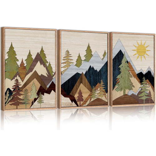 Mountain Pine Tree Framed Canvas Wall Art Set, Nature Wilderness Illustration Wall Decor, Woodcut Forest Wall Painting, Mid Century Modern Art Print for Living Room Bedroom Office 16"x24"x3