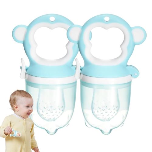 Childlike Behavior Baby Teething Toys - 2 Silicone Blue Bite Set - Baby Food Teether Pacifier Toy - Infant, Toddler Solid Starter Food Feeder - Safe & Easy-to-Clean, with Handle for Self-Feeding