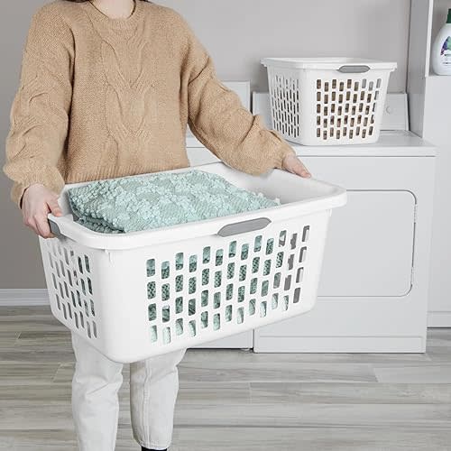 2 Bushel Large Plastic Laundry Basket with 4 Comfort Grip Handles, White