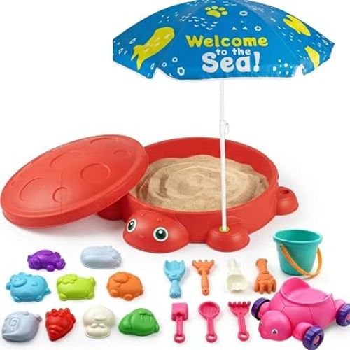 Large 38" Ladybug Sandbox with Lid & Umbrella, Sand and Water Table with Turtle Cart, 9 Animal Figures, 8 Shovels & Bucket – Outdoor Beach Toy Gift for Toddlers 3-8