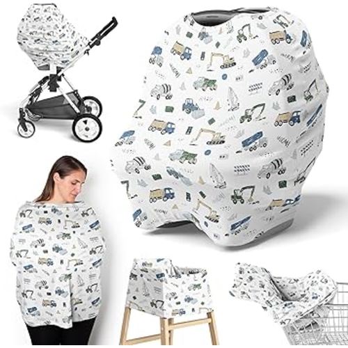Sweet Jojo Designs Construction Truck Boy Infant Baby Car Seat Cover Nursing Breastfeeding High Chair Shopping Cart Stroller Carseat Canopy Carrier Multipurpose Use Blue Green Transportation Vehicles