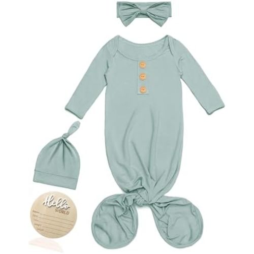 Baby Noah Newborn Knotted Gown, Ultra-Soft Silky Long Sleeve Sleeper, Unisex Coming Home Outfit Set With Wooden Name Sign