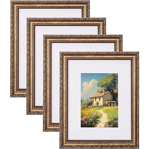 eletecpro 8x10 Picture Frames Set of 4, Vintage 8 x 10 Photo Frames with Glass, Display 5x7 Photo with Mat or 8x10 without Mat for Tabletop or Wall Decor, Bronze Gold