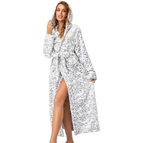 RONGTAI Womens Robes Plush Fleece Hooded Bathrobe Thick Nightgown with Pockets Fluffy Sleepwear
