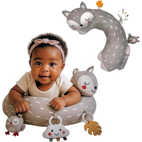 Tummy Time Pillow with 3 Detachable Sensory Toys - Infant Head Support & Neck Strengthening Mat - Soft & Breathable Baby Gym Play Pillow - Machine Washable (Gray Fox)