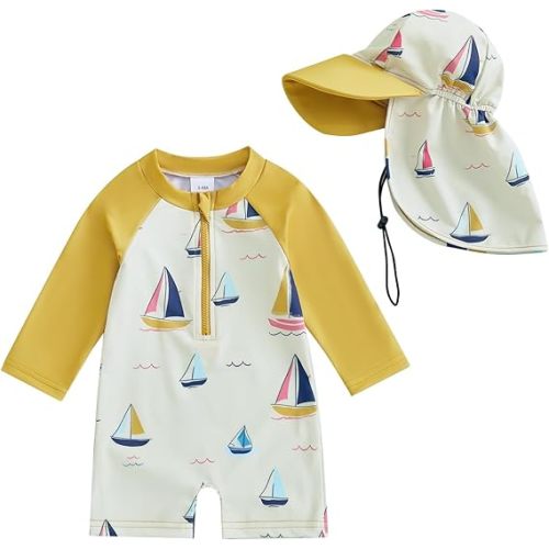 Toddler Baby Boy Girls One Piece Swimsuit Long Sleeve Zipper Bathing Suit with Hat Infant Rash Guard Swimwear