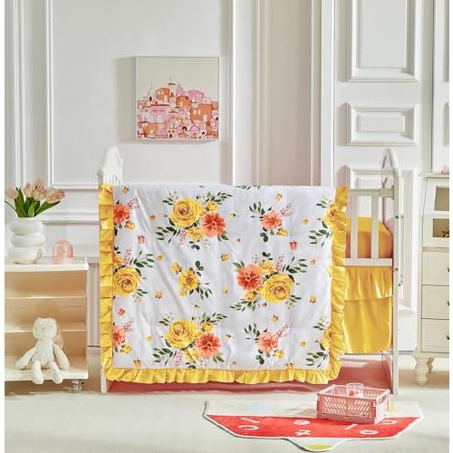 3 Pieces Flowers Crib Bedding Set Baby Ruffled Quilted Comforter with Fitted Sheet and Bed Skirt - Cute Ruffled Shabby Chic Baby Bedding Soft Blanket Floral Design