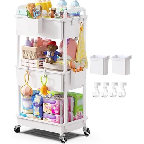 Goovilla Diaper Cart with Lockable Wheels and Easy Assembly, 3 Tier White Rolling Cart for Baby Nursery Storage, Sturdy Ample Diaper Caddy Organizer for Baby Girl, Boy, New Mom, Newborn Essentials