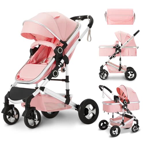 Kinder King 2 in 1 Convertible Baby Stroller, Folding High Landscape Infant Carriage, Newborn Reversible Pram, Adjustable Canopy, Diaper Bag, Pink