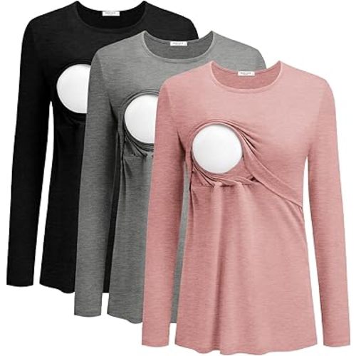 Ekouaer Women Long Sleeve Nursing Shirts 3 Pack Breastfeeding Round Neck Top Double Layer Maternity Tshirt Pregnancy Clothes