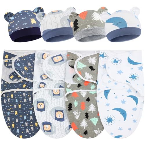 Buryeah 4 Pack Preemie Swaddle Blanket with Hat | Preemie Swaddle Wrap Matching Hat Set, Fit 3-7 Lbs Premature Newborn Boys Girl, Adjustable, Prevents Startle Reflex