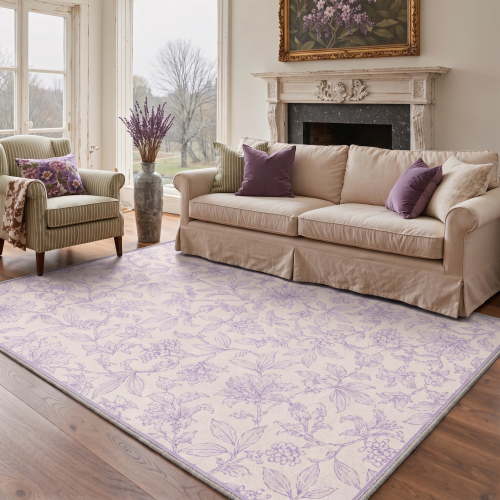 GENIMO 5'x7' Area Rug for Living Room, Machine Washable Non Slip Low Pile Rug for Bedroom Dining Room, Vintage Floral, Dusty Lavender