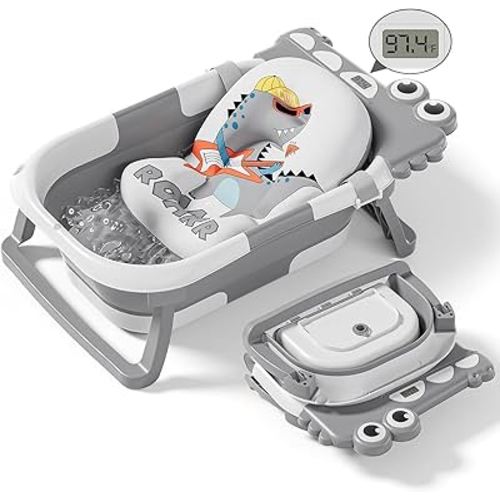 Collapsible Baby Bathtub for Newborn, Foldable Baby Bath Tub with Thermometer & Soft Floating Cushion & Drain Hole, Portable Travel Infant Bath Tubs for Newborns to Toddlers 0-36 Months Boys, Grey