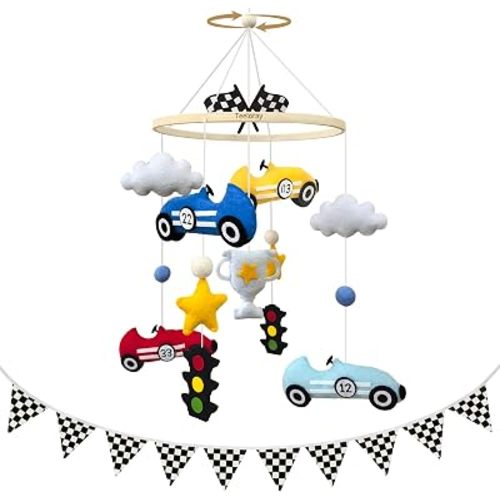 Race Car Baby Crib Mobile with 11 ft Pennant Banner Flags Handmade