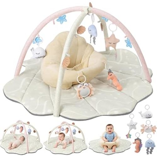 Baby Play Mat & Seat, Tummy Time Mat with 6 Detachable Activity Toys, Baby Gym Playmat & Chair for Babies 0-6-12 Months, Baby Essentials Mat for Floor Newborn Baby Gift(Beige)
