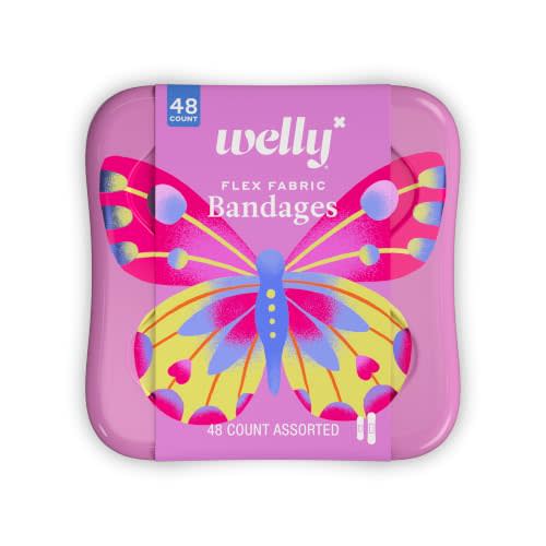 Welly Bandages | Adhesive Flexible Fabric Bravery Badges | Assorted Shapes for Minor Cuts, Scrapes, and Wounds | Colorful and Fun First Aid Tin | Butterfly Patterns - 48 Count