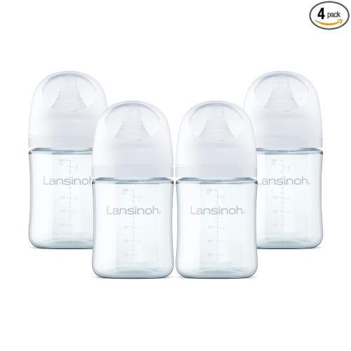 Lansinoh Anti-Colic Glass Baby Bottles, White Collar, 5 Ounces, 4 Count