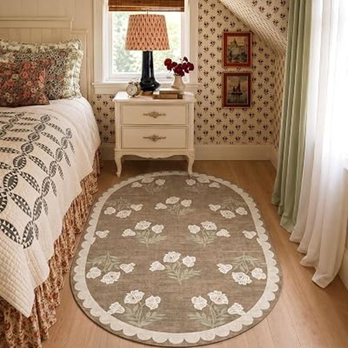 3x5 Floral Bedroom Oval Rug - Tan Brown Washable Boho Entryway Rug