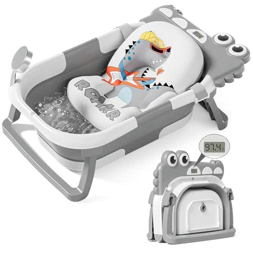 TPN Collapsible Baby Bathtub, Baby Bath Tub with Soft Cushion & Real-Time Thermometer, Baby Bathtub Infant to Toddler Tub (0-36 Months), Portable Travel Baby Tubs for Newborns (Grey)