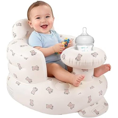 Arscniek Inflatable Baby Seat Built in Air Pump, Blow Up Baby Chair with Back Support and Tray, Sit Me Up Floor Seat for Babies 3-36 Months, Portable Infant Chairs for Indoor and Outdoor- Biscuit Bear