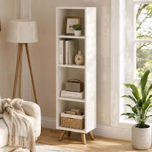 Manxile 4 Cube Vertical Storage Organizer, Modern White Wood Bookshelf Skinny Bookcases for Living Room, Bedroom, Study Room