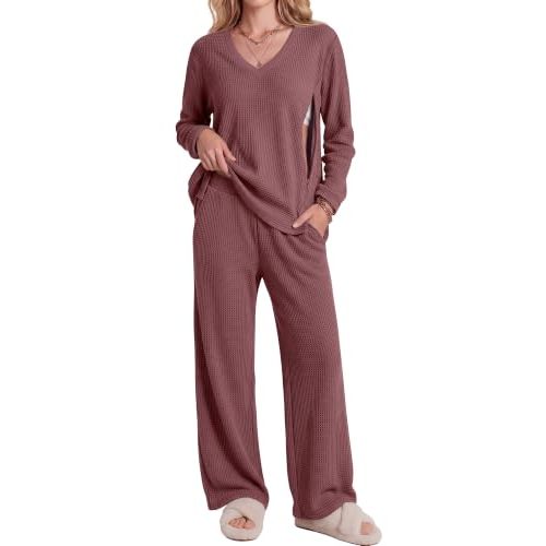 Locoowai 2 Piece Postpartum Nursing Waffle Knit Sets | Maternity Breastfeeding Pajamas, Moms Lounge Outfits, Women Long Sleeve Shirts, Hidden Zipper Sweater, Pregnancy Pants Pocket