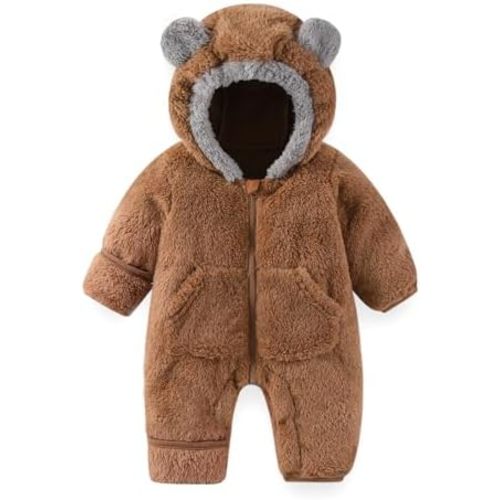 Newborn Baby Bear Outfit Suit With Fold-Over Mittens Footies Girls Boys Winter Fleece Clothes Hooded Romper Snowsuit