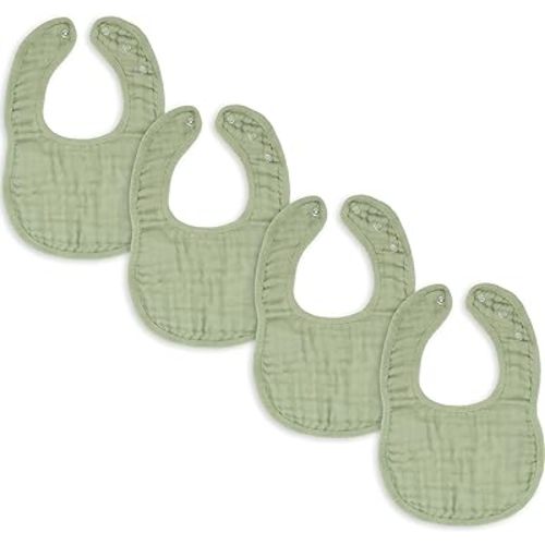 Comfy Cubs Muslin Bibs for Babies, Pack of 4 - Soft and Highly Absorbent, Feeding, Drool and Teething Bib, Adjustable Snaps - Stylish & Colorful Unisex Designs, Giftable Set - Sage