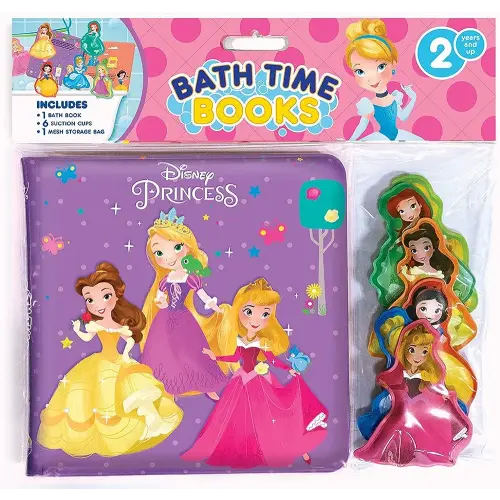 Disney Princess Bath Time Books - Activity Books for kids, Bath book, 6 Padded suction cups, 1 Mesh bag