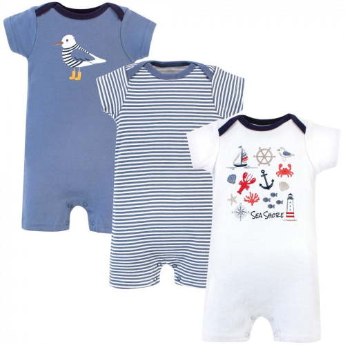 Hudson Baby Infant Boy Cotton Rompers 3pk, Sea Shore, 0-3 Months
