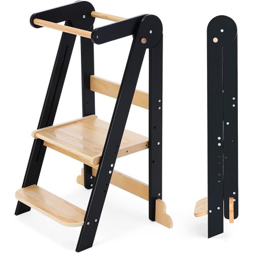 HARPPA Nordi Foldable Toddler Kitchen Tower, Montessori Kitchen Learning Helper, Standing Tower with 3 Adjustable Heights, Suitable Age for 18-48 Months, Black