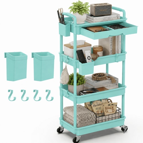 Yeabett 4 Tier Rolling Utility Cart Organizer with Removable Drawer, Mobile Storage Carts with 2 Lockable Wheels for Bathroom, Kitchen, Snack, Craft, Makeup, Baby Essentials, Blue