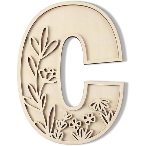 Layered 12 Inch Large Wooden Letters for Wall Decor, Flowered Paintable Wooden Nursery Letters for Crafts Wood Alphabet Letter C for Birthday Boho Nursery Name Sign Wedding Home Decoration