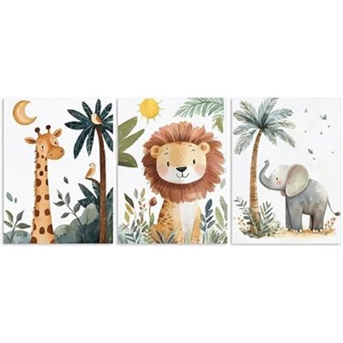 ForJoy Colorful Kids Bathroom Wall Decor Set of 3 Nursery Wall Decor Safari Animal Pictures for Nursery Decor 12" X 16"