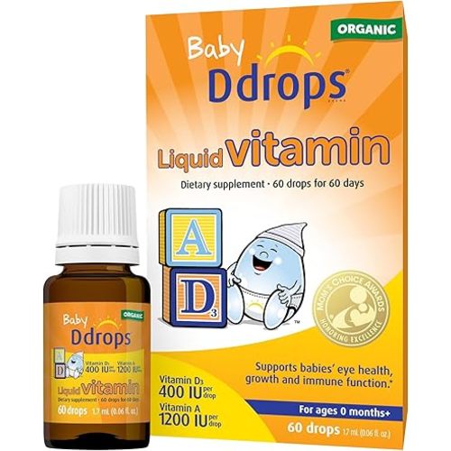 Ddrops® Baby Organic Liquid Vitamins A&D Drops for Infants, 60 Drops. Supports Babies’ Eye Health, Bone Development and Immune Function. Certified Organic, Non-GMOs, Allergy-Friendly