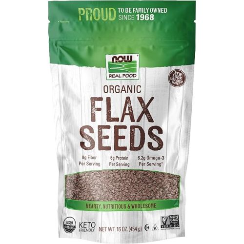 NOW Foods, Organic Flax Seeds, Source of Essential Fatty Acids and Fiber, Certified Non-GMO, Kosher, 1-Pound (Packaging May Vary)